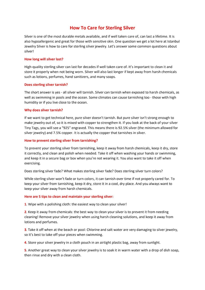 May include: Text on a white background provides tips on caring for sterling silver jewelry. The text covers topics like how long silver lasts, why it tarnishes, and how to prevent it. It also includes 5 tips for cleaning and maintaining silver.