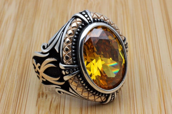 シトリン トパーズ スターリングシルバー メンズリング：トルコ製