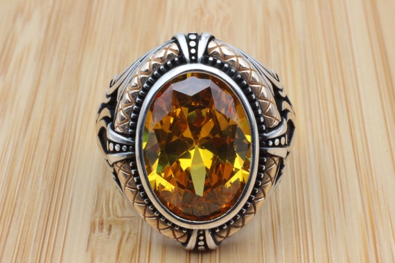 シトリン トパーズ スターリングシルバー メンズリング：トルコ製