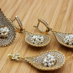 Pearl Set, Authentic Set, Turkish Set, Pearl, Handmade Set, Women Set, Ladies Jewelry Set, Earring, Pendant Ladies Set, 925k Sterling Silver