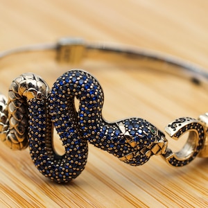 Sapphire Snake Bracelet: Sterling Silver Bangle Cuff, Turkish Handmade