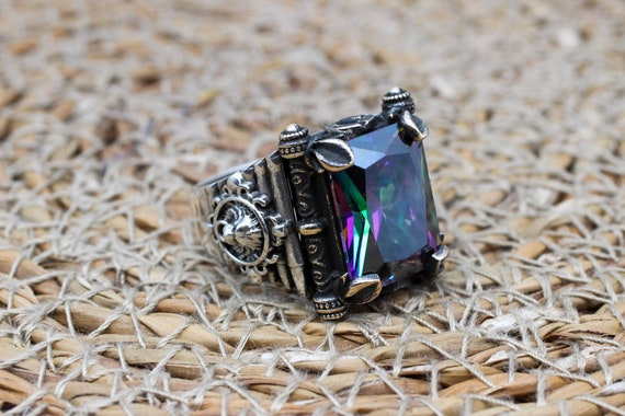 トルコ製 ハンドメイド メンズリング シルバー925 (ミスティックトパーズ) ミスティックトパーズ メンズリング：トルコ製ハンドメイド 925K