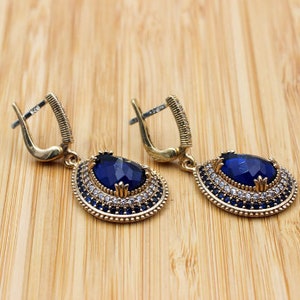 Sapphire Earring, Stud Earring, Handmade Earring, Turkish Handmade, Ottoman Earring, Gift For Her, 925k Sterling Silver, Cubic Zirconia,