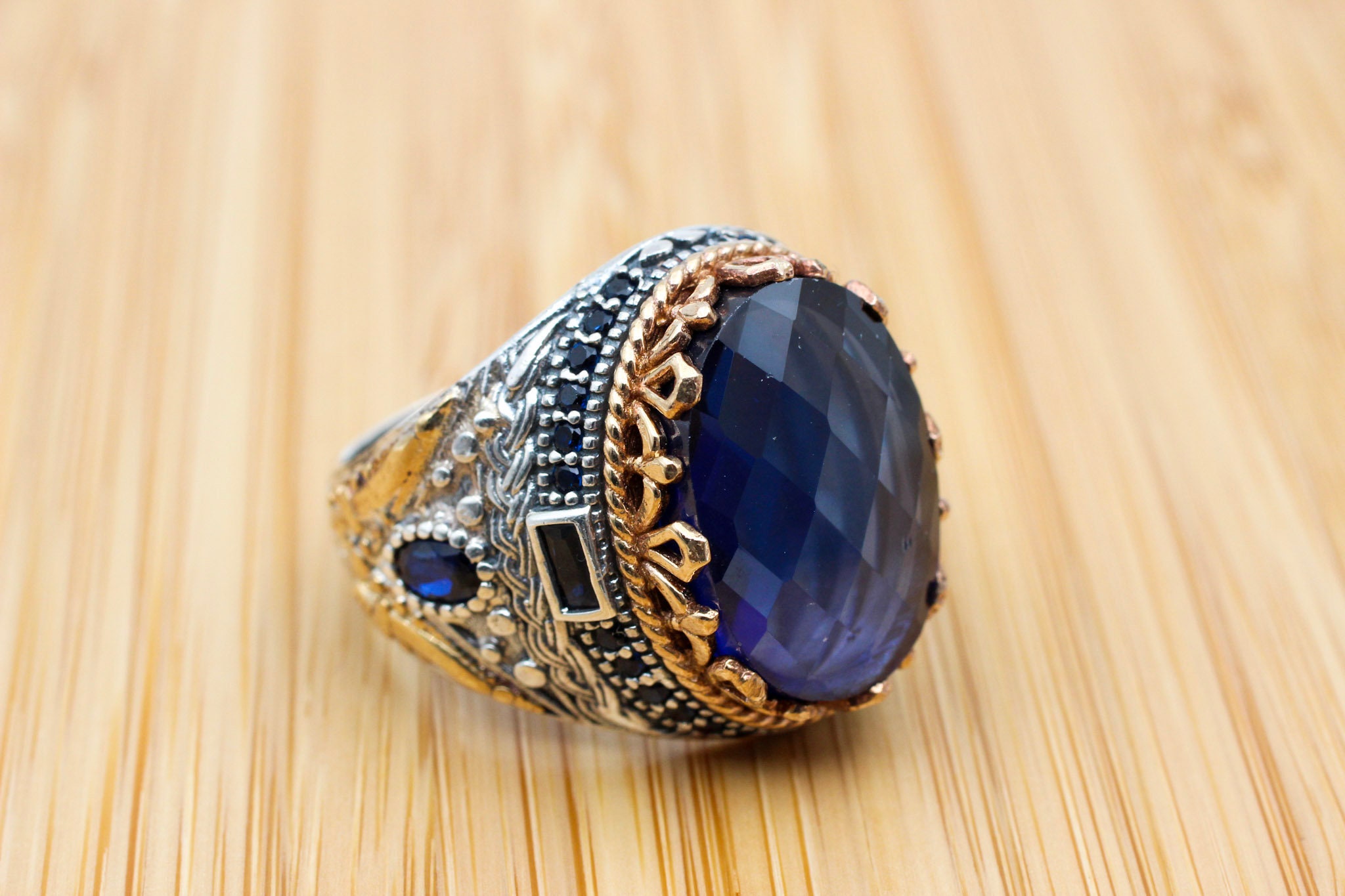 トルコ製ハンドメイドスターリングシルバーメンズリング：サファイア