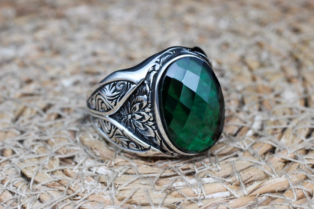 Handmade Emerald Sterling Silver Ring: Ottoman Style Mens Jewelry