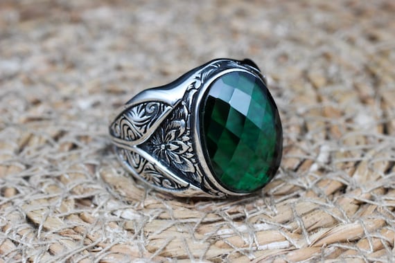 アクセサリー silver 925 emerald design ring Handmade Emerald Sterling Silver Ring: Ottoman Style Mens Jewelry