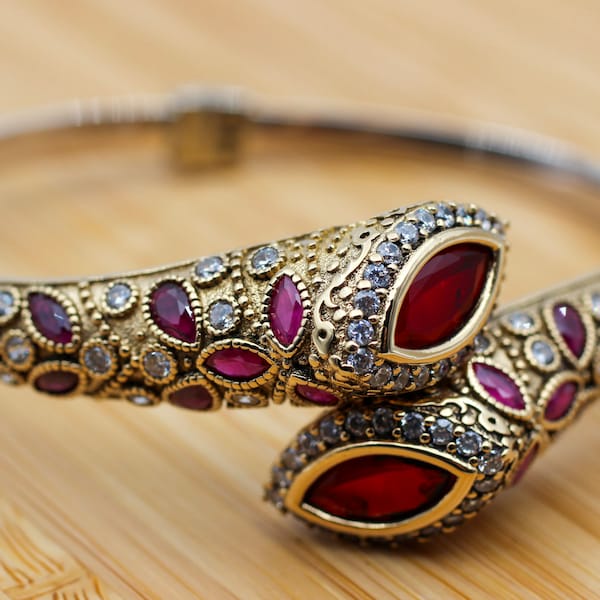 Handmade Ottoman Ruby Bangle Cuff, 925k Sterling Silver