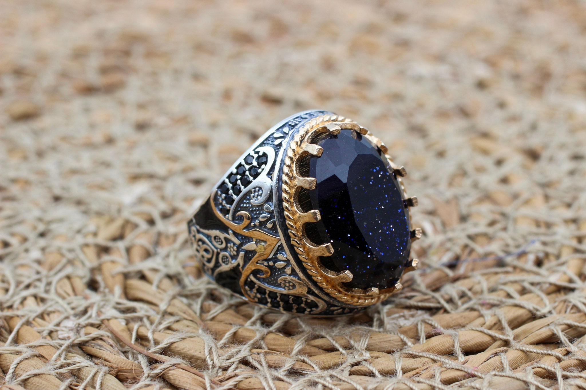 Men's Handmade Ring, Handmade Silver Mens Ring, Ottoman Mens Ring, Blue Goldstone Ring, Men's Jewelry, Gift for Him, 925k Sterling Silver