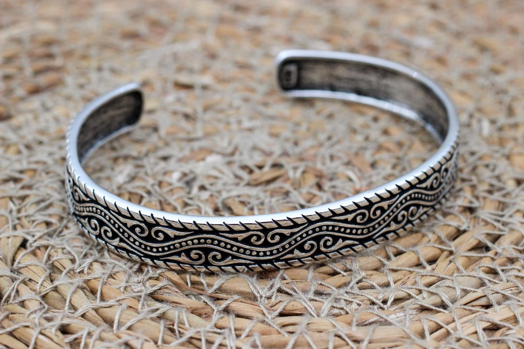 Handmade Sterling Silver Cuff Bracelet for Men: Patterned Bangle