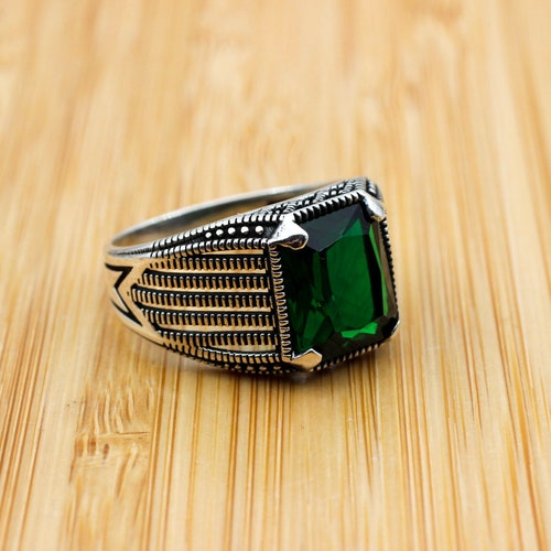 Men's Emerald Stone Silver Ring Turkish Handmade Ring - Etsy