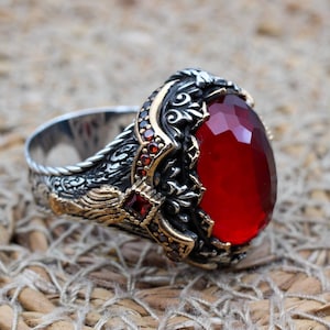 Ruby Mens Ring, Handmade Ring, Turkish Handmade Silver Men Ring, Ottoman Men Ring, Men's Jewelry, Gift for Him, 925k Sterling Silver Ring
