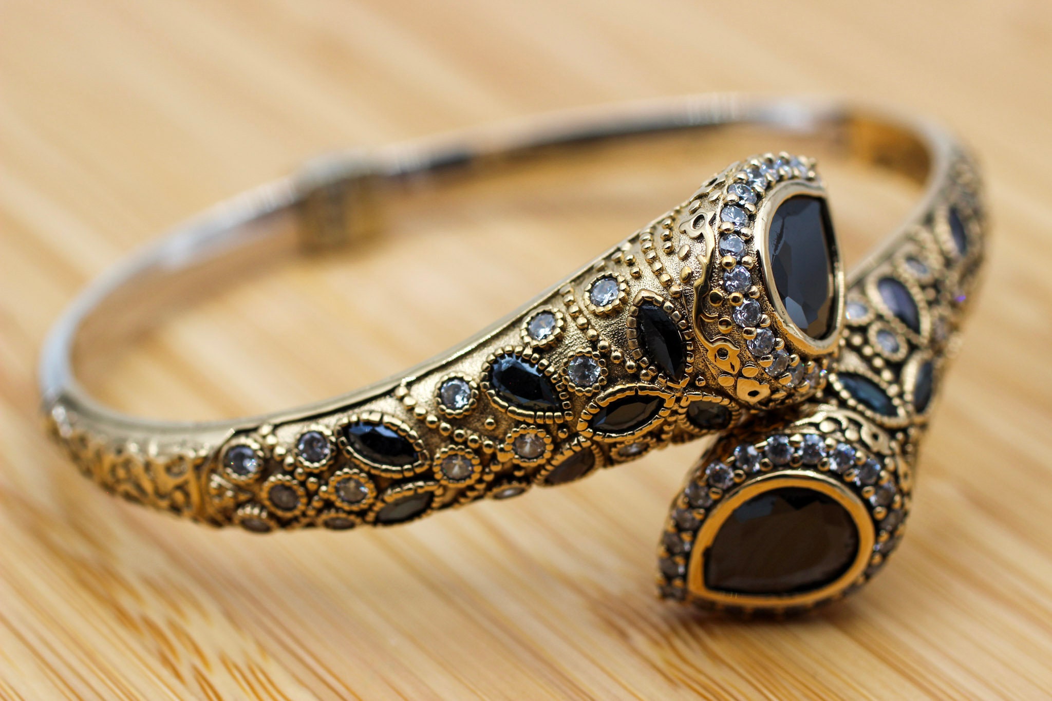 Antique Gold Bracelet Matte Hammered Gold Black Onyx Cuff 