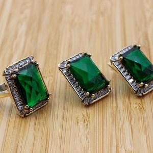 Handmade Emerald Ring and Earring Set: 925k Sterling Silver, Bronze Detail