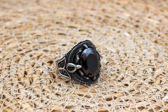 Bague Fantaisie En Argent 925 Avec Onyx Noir Ovale, Pierre Naturelle, Création Artisanale