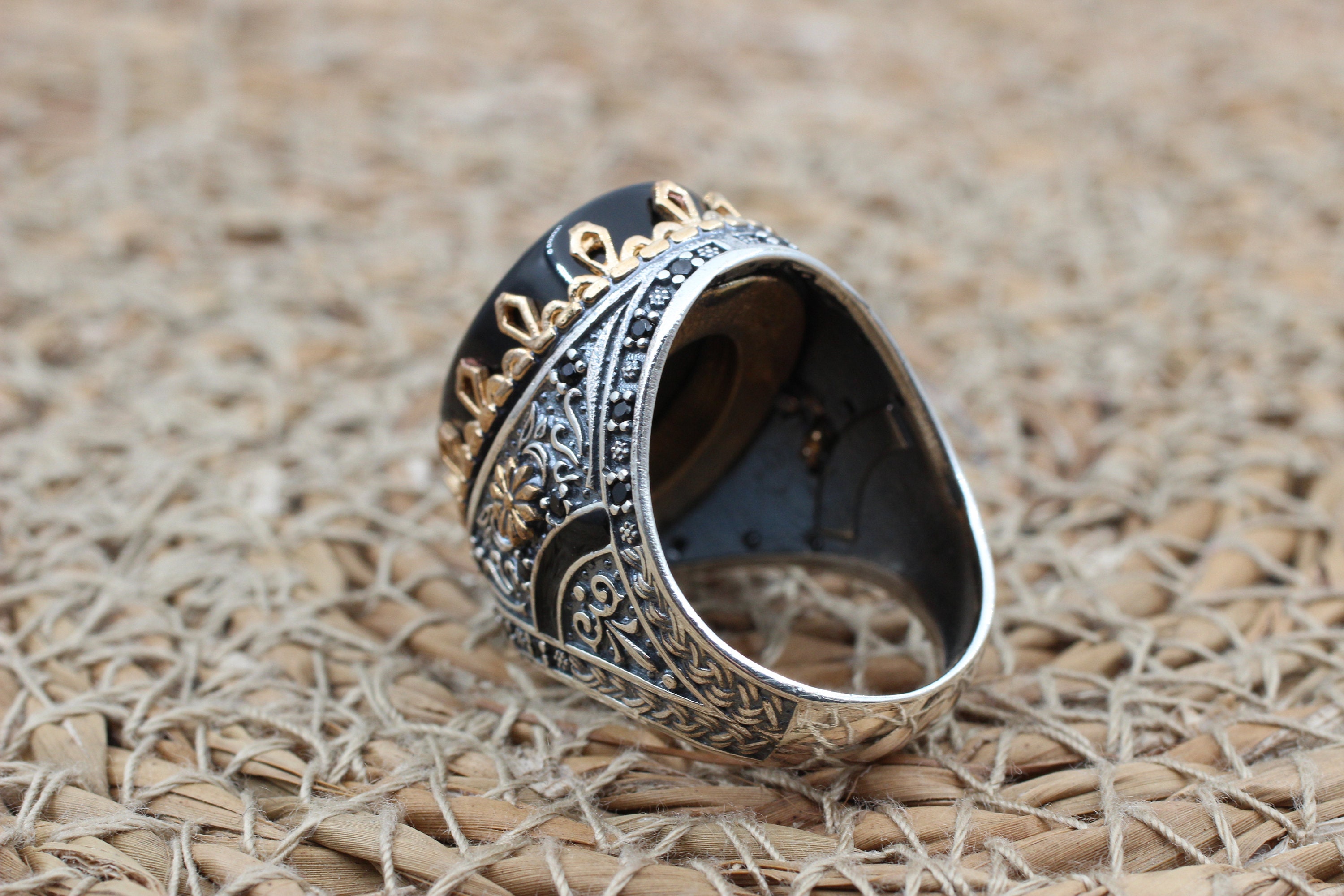 Onyx Men's Ring: Handmade Turkish 925 Sterling Silver & Bronze