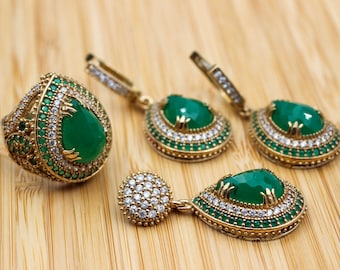 Emerald Set, Authentic Set, Handmade Set Women, Turkish Handmade, Ladies Jewelry Set, Earring, Pendant, Ladies Set, 925k Sterling Silver