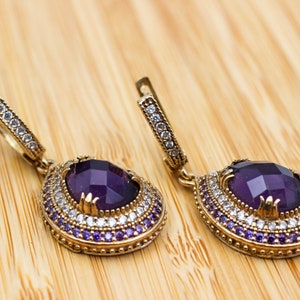 Amethyst Earring, Stud Earring, Handmade Earring, Turkish Handmade, Ottoman Earring, Gift for Him, 925k Sterling Silver, Cubic Zirconia,