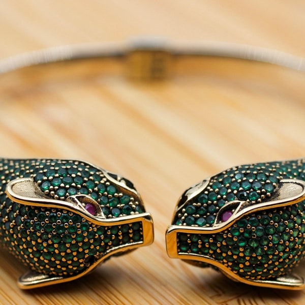 Handmade Emerald Tiger Bracelet: 925k Sterling Silver Bangle Cuff