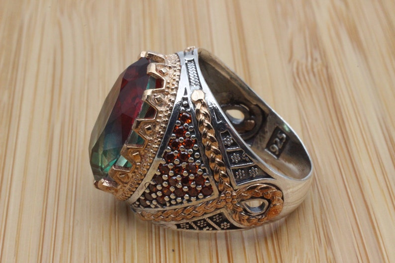 Cubic Zircon Turkish Handmade Ring Tourmaline Ring 925k Sterling Silver Ottoman Ring Gift for Him Yemeni Ring Men/'s Handmade Ring