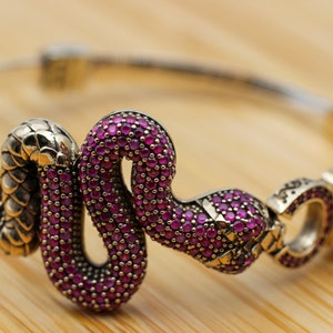 Ruby Bracelet, Snake Bracelet, Handmade Bracelet, Bangle Cuff, Turkish Handmade, Animal Bracelet, Gift for Her, 925k Sterling Silver, Ruby