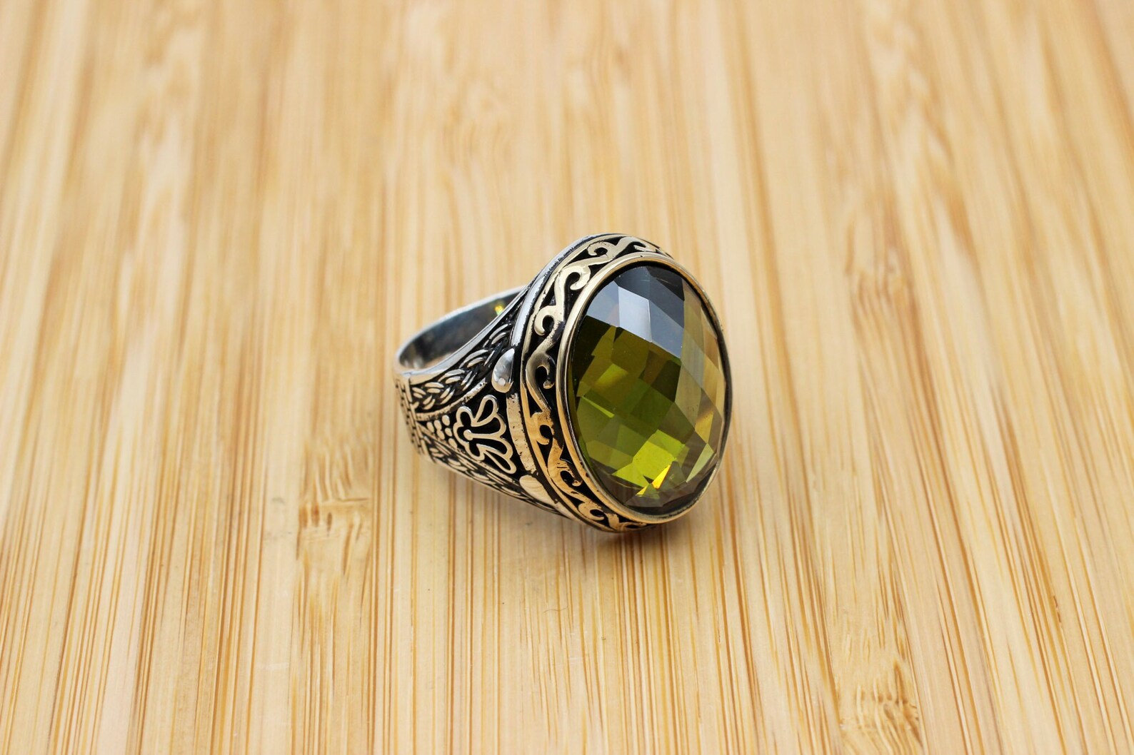 Men's Handmade Ring, Peridot Men's Ring, Turkish Handmade Silver Men's