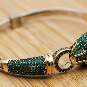Emerald Tiger Head Bracelet: Handmade 925k Sterling Silver Bangle