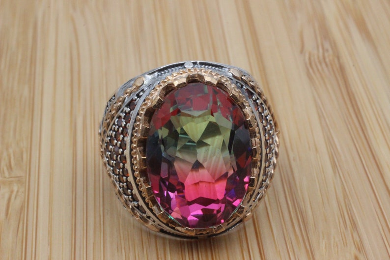 Cubic Zircon Turkish Handmade Ring Tourmaline Ring 925k Sterling Silver Ottoman Ring Gift for Him Yemeni Ring Men/'s Handmade Ring