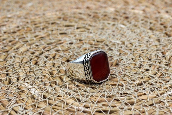 トルコ製ハンドメイド925Kスターリングシルバーメンズアゲートリング