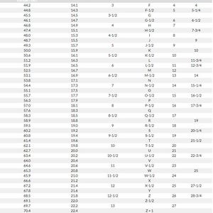 May include: Ring size conversion chart with measurements in millimeters, inches, and international sizes. Includes USA, UK, European, and Asian ring sizes for accurate sizing. The chart is on a white background.