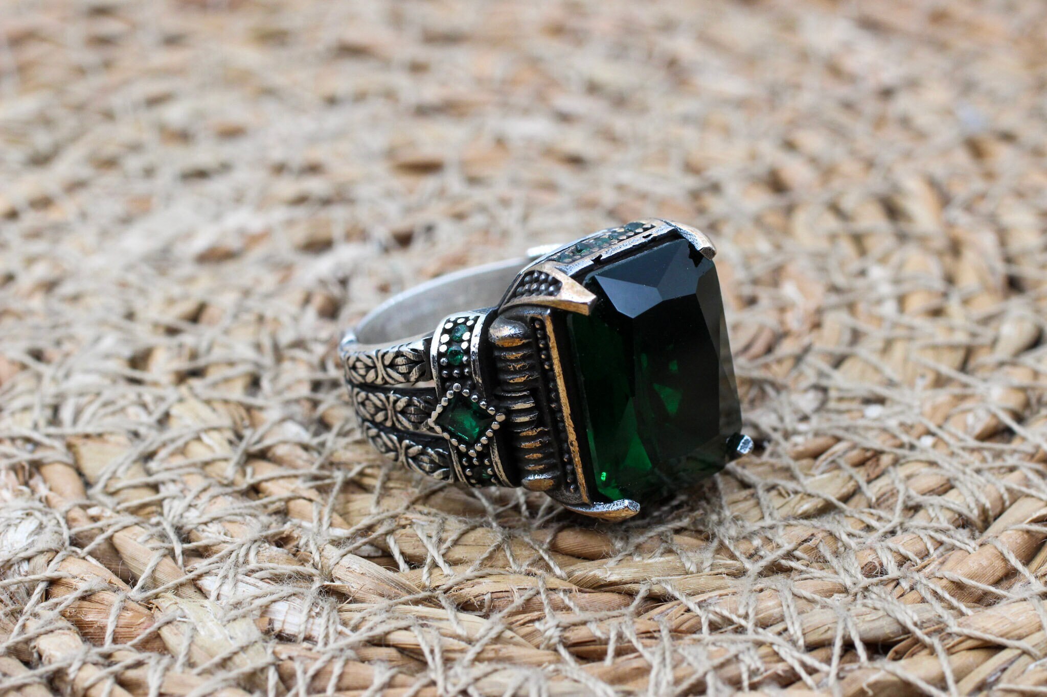 Emerald Men's Ring, Ottoman Men's Ring, Handmade Men's Ring, Turkish Handmade Men's Ring, Men's Jewelry, Gift for Him, 925 Sterling Silver