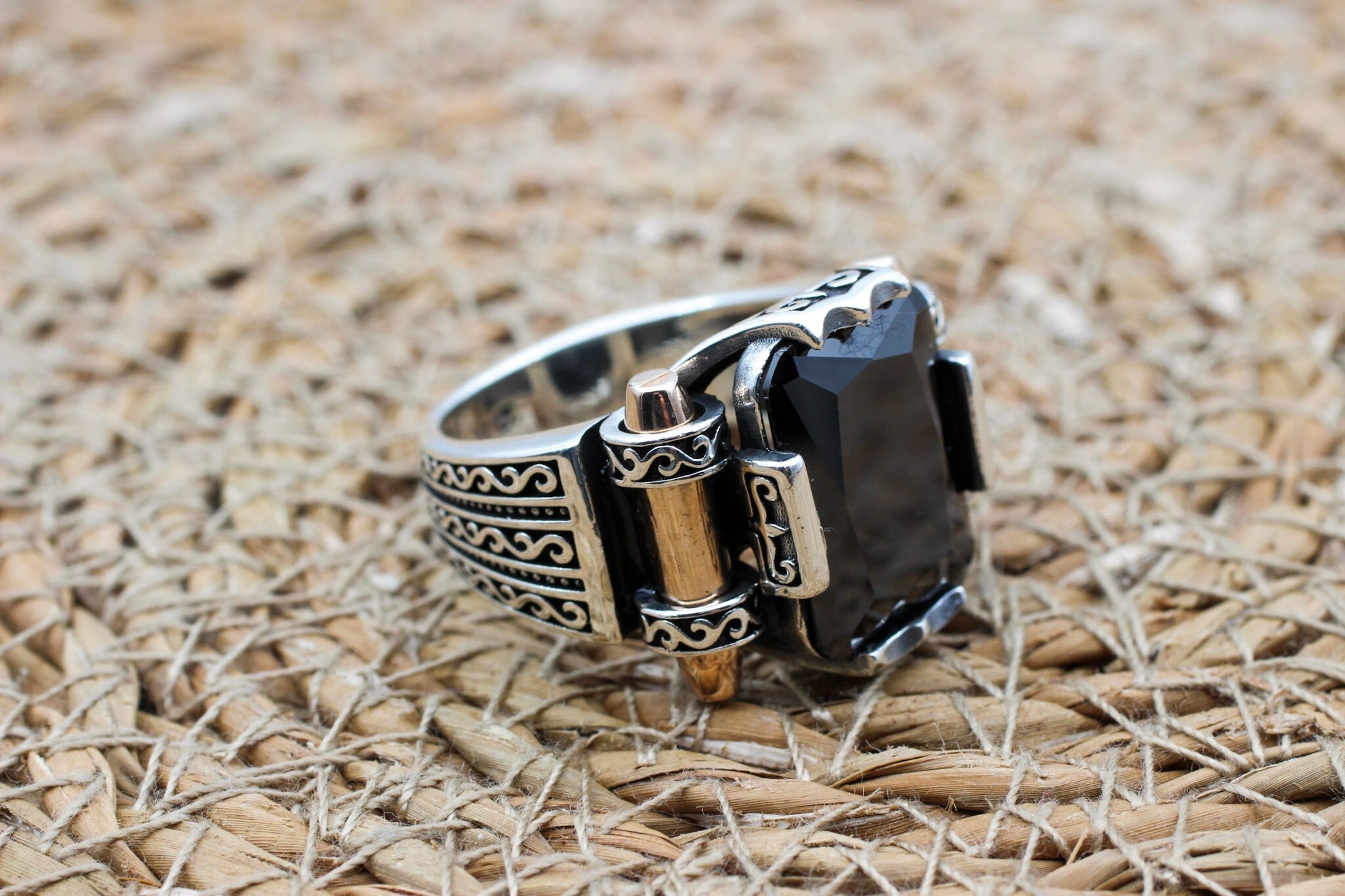 Bague Ancienne En Argent Massif & Onyx — Taille 53, Style Vintage Et Élégant