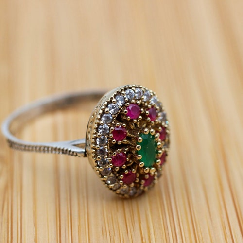 Bague émeraude en argent sterling faite main, bague ottomane en zircone cubique