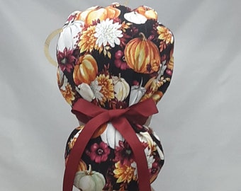 womens scrub hoeden, chirurgische pet, scrub caps, scrub hoeden, chirurgische petten, weelderige oogst pompoenen scrub hat, zwart, paardenstaart scrub hoeden