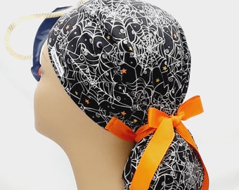 womens scrub hoeden, chirurgische pet, scrub caps, scrub hoeden, operatie caps, zwart spinnenweb en sterren scrub hat