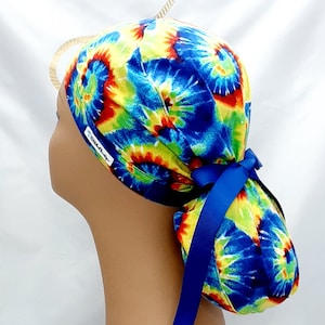 womens scrub hats, scrub cap for women, surgical scrub cap, scrub headwear, tie dye scrub cap, ponytail hat  ribbon