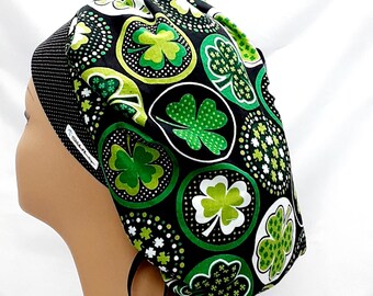 womens scrub hats, scrub caps, surgical scrub hats, womens scrub caps, ponytail scrub hat, lucky irish polka dot shamrock bouffant, gift