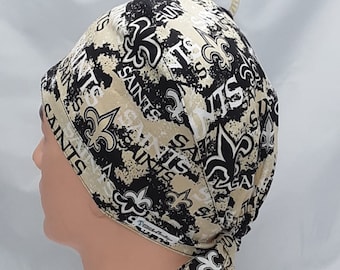 surgery hat, scrub hats, surgical caps, new orleans saints, distressed scrub cap ponytail scrub hats  ribbon