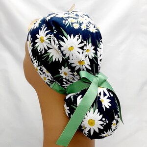 womens scrub hats, surgical scrub cap, surgical cap women, daisy print, scrub hat  ribbon