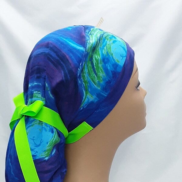 womens scrub hats, scrub cap for women, surgery hat, surgical scrub cap for womens, scrub headwear, blue green hydro scrub hat, ponytail