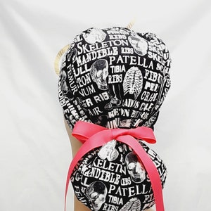 womens scrub hats, surgical cap, scrub hats for women, scrub cap, ponytail ribbon, science print, grosgrain ribbon