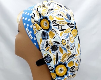 womens scrub hats, bouffant surgical, scrub hats for women, doctor gift, blue dot floral scrub cap, handmade  ribbon