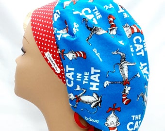 cat in the hat polka dot print bouffant pattern scrub cap surgical scrub hat nurse scrub cap for womens scrub caps ponytail scrub hat gift