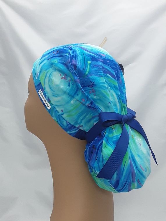 surgical cap, scrub caps, scrub hats, surgery caps, blue ocean swirls scrub hat  ribbon