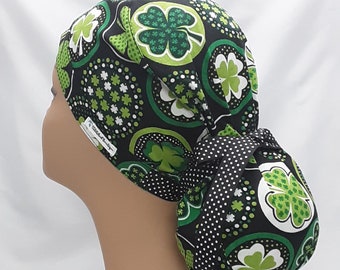 lucky irish shamrock dot print scrub cap, surgical scrub hats, nurse scrub cap, womens scrub hats, ribbon