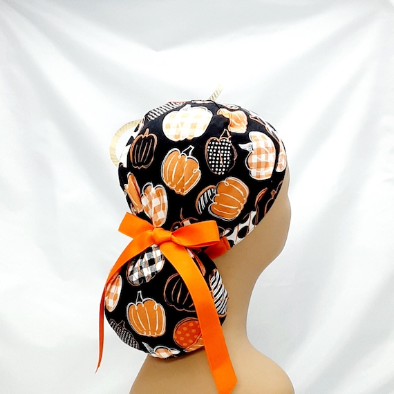 womens scrub hats, surgical cap, scrub caps, scrub hats, surgery caps, pumkin patterns scrub hat