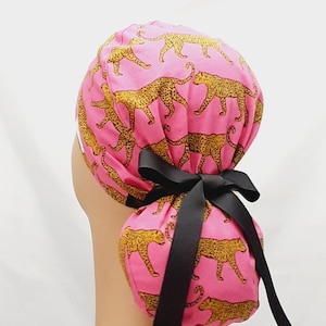 womens scrub hats, surgical cap, scrub hats for women, scrub cap, gold leopard on pink scrub cap, ponytail  ribbon