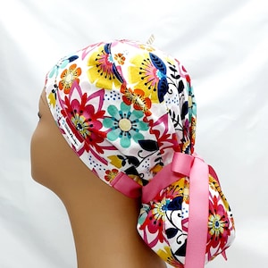 womens scrub hats, surgical cap, scrub hats for women, scrub cap, floral scrub hat  ribbon