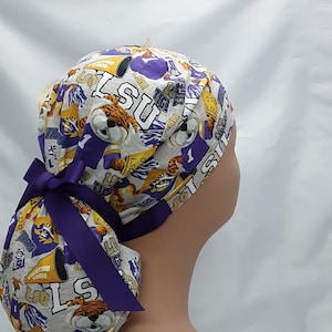 lsu tigers print, ponytail scrub cap, surgical scrub hat, nurse scrub cap, surgical scrub cap, womens scrub caps, ribbon, gift  ribbon