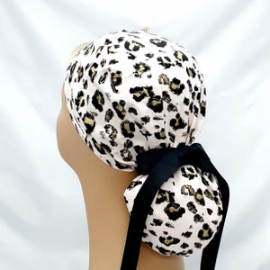 womens scrub hats, scrub hats for women, surgical scrub cap for women, pink leopard, black grosgrain, ponytail, gift  ribbon