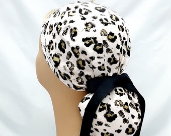 womens scrub hats, scrub hats for women, surgical scrub cap for women, pink leopard, black grosgrain, ponytail, gift  ribbon